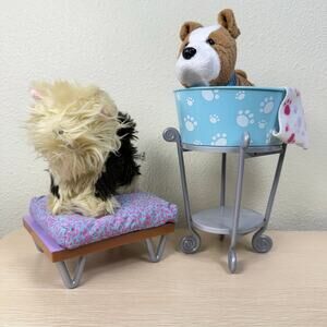 American Girl Doll Pet Dog Meatloaf Sugar Yorkie Sleep Snack Bed Pet Groom Bath